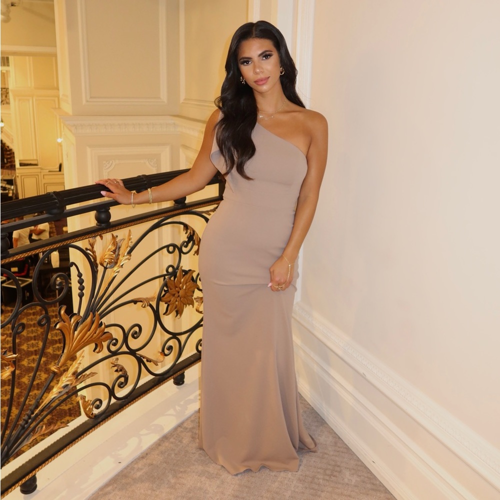 Azazie One-Shoulder Taupe Dress